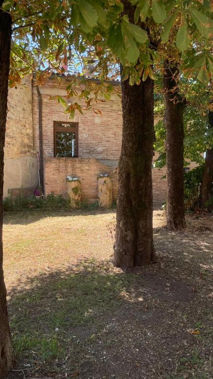 two trees in front of a brick building at Ampio appartamento centro storico - Famiglie in Montalto Pavese
