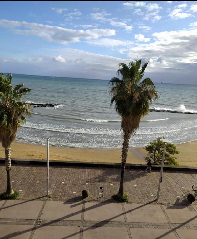 a beach with two palm trees and the ocean at Miramare in Crotone