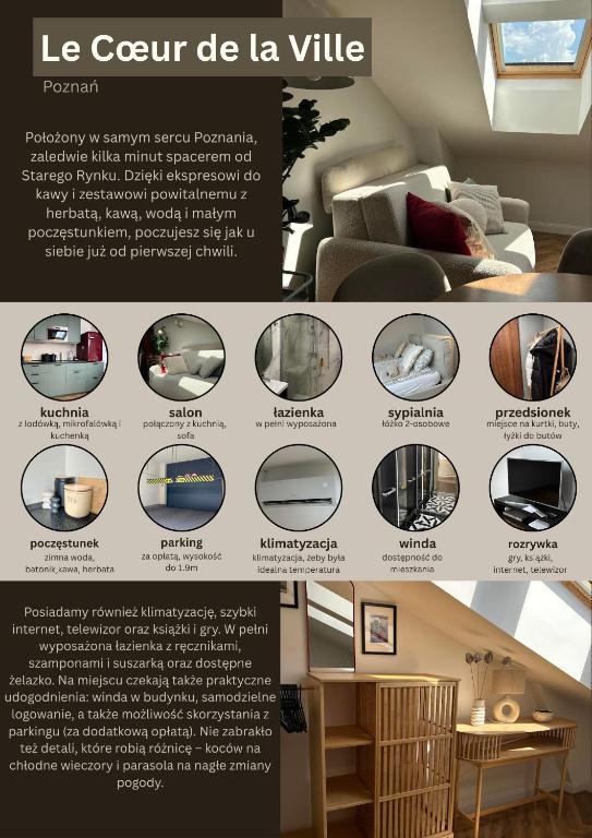 a flyer for a house with a living room at Le Cœur de la Ville in Poznań