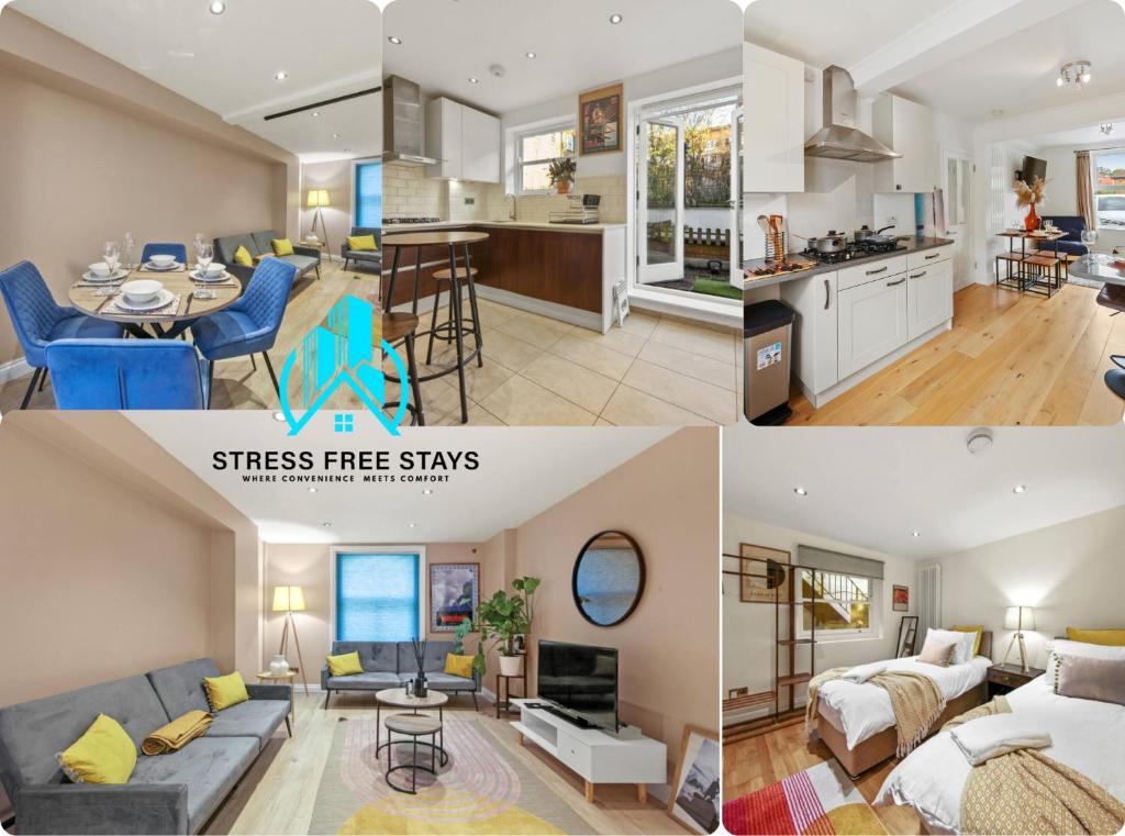 a collage of three pictures of a kitchen and a living room at Stylish Apartment in Euston and near Camden with Private Roof Terrace in London