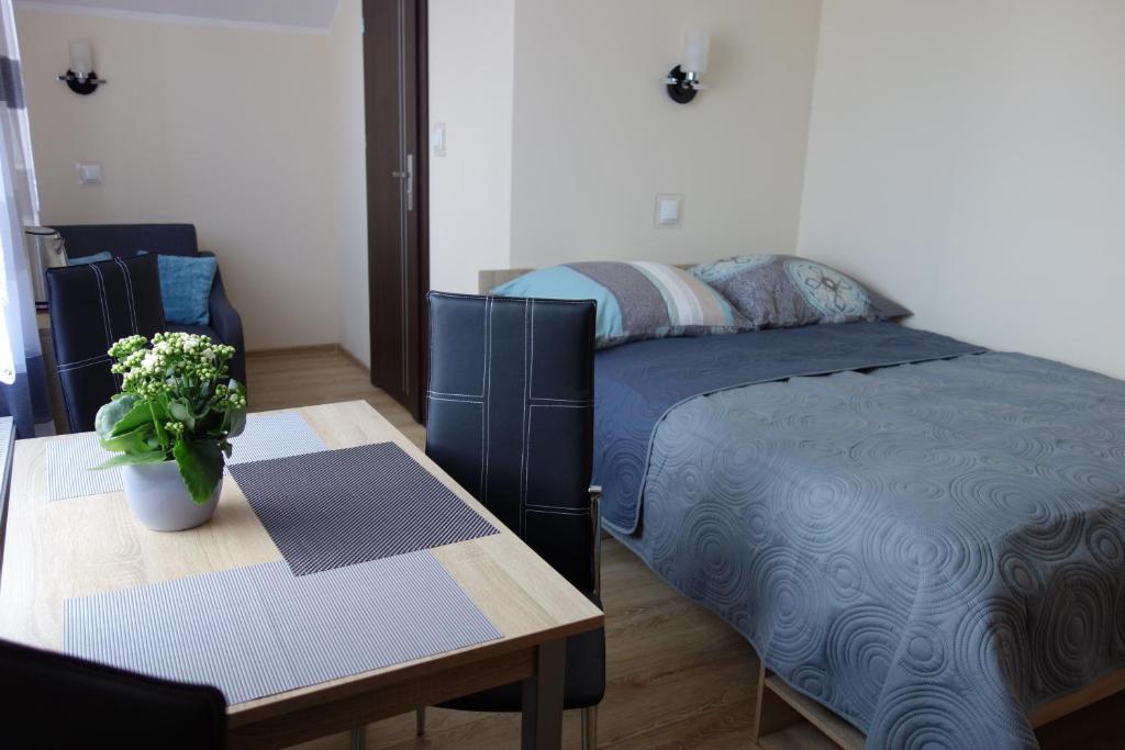 ブワディスワボボにあるPokoje gościnne Agnieszkaのベッドルーム1室(ベッド1台、鉢植えのテーブル付)