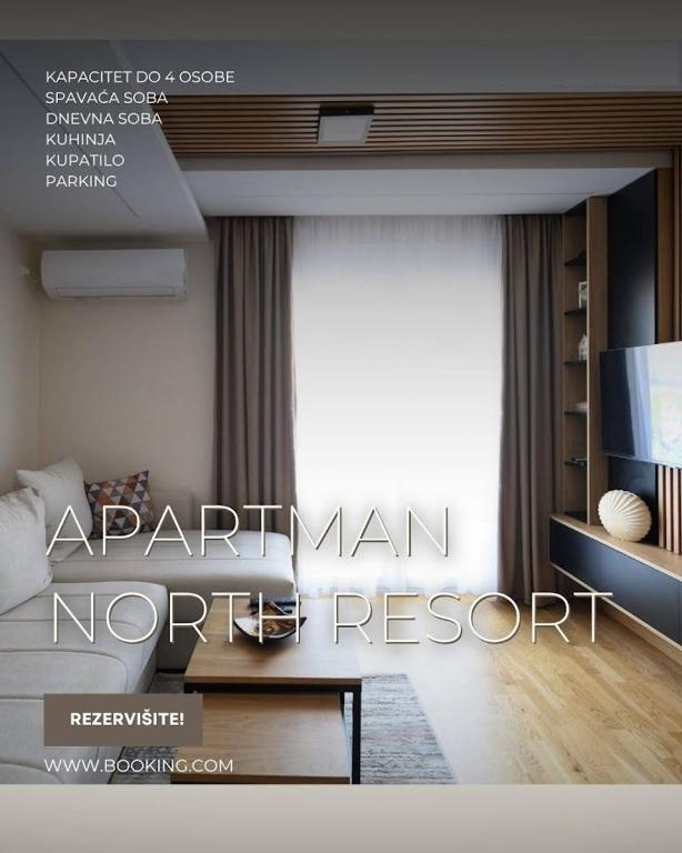 a poster of a room with a couch and a window at Apartman North resort in Vrnjačka Banja