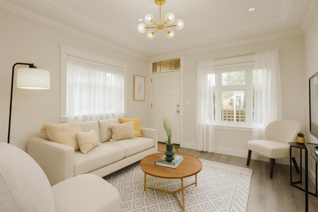 un soggiorno bianco con un divano e un tavolo di Spacious 4BD Home in Vancouver a Vancouver