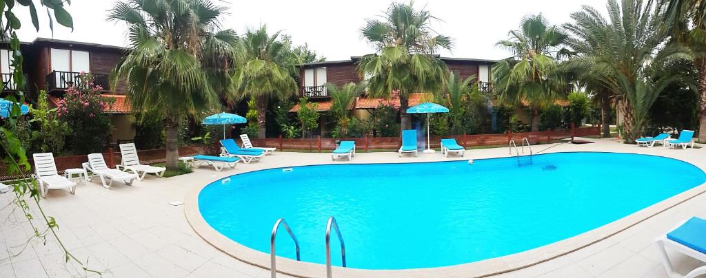 a large swimming pool with chairs and umbrellas at Kutle Hotel in Cıralı