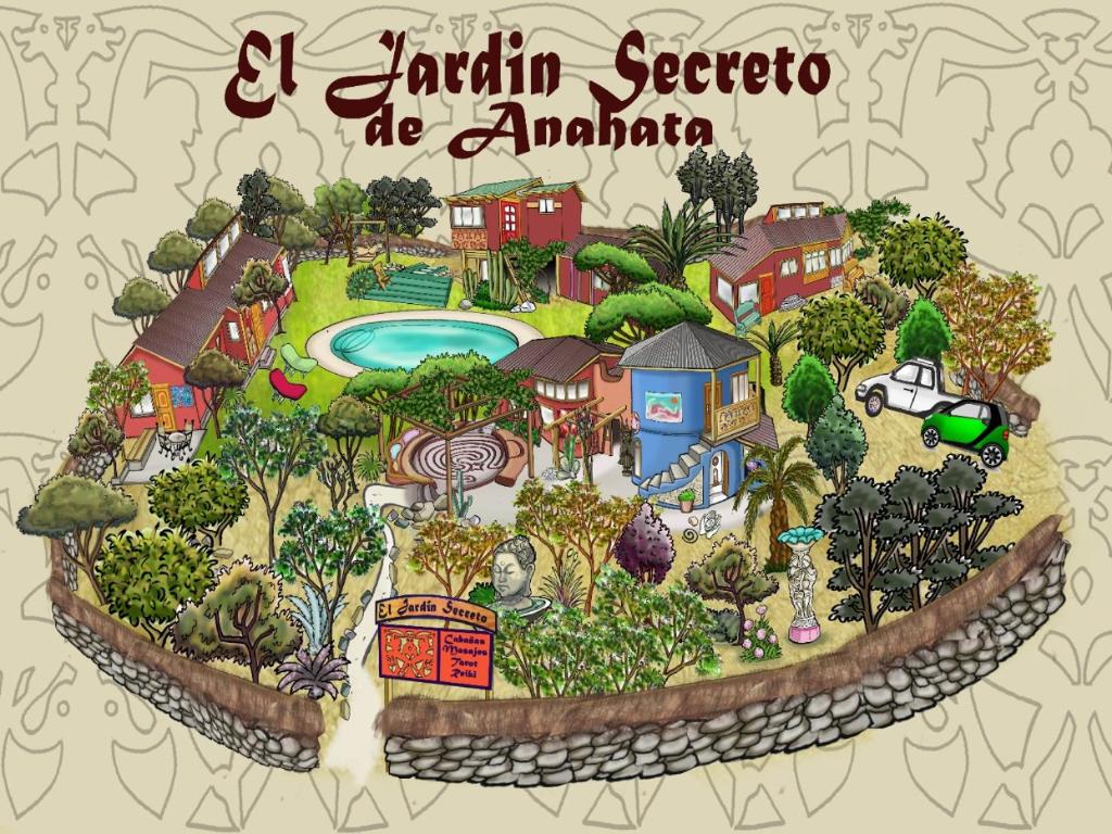 a cartoon map of a park in an amusement park at El jardín secreto Pisco Elqui in Pisco Elqui