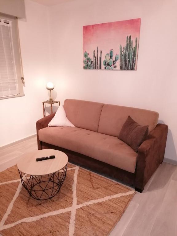 a living room with a brown couch and a table at Les Floralies in La Tour-du-Pin
