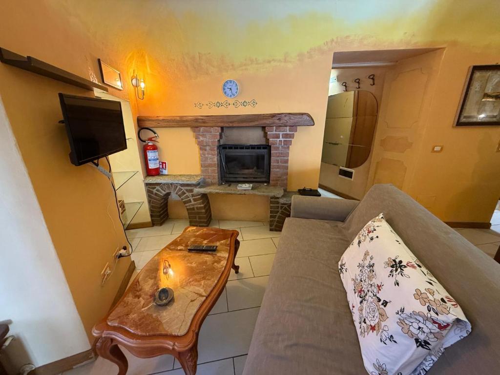 a living room with a couch and a fireplace at Luigi's Apartment in Biella