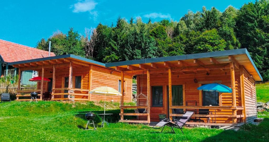 a log cabin with an umbrella in the grass at DingDong in Unteraichwald