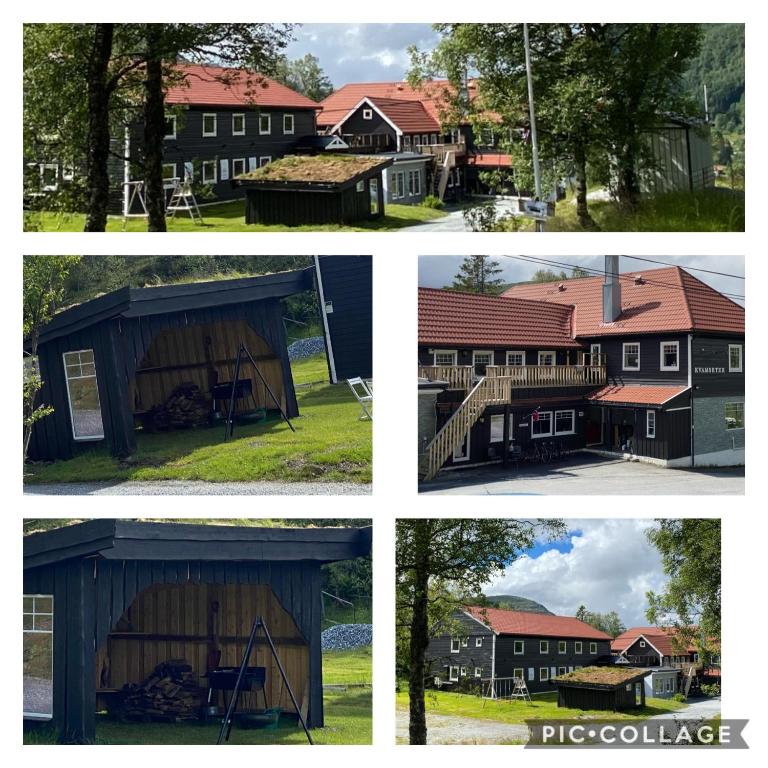 four different pictures of a house and a barn at BUDGET Kvamseter Lodge in Eikjedalen