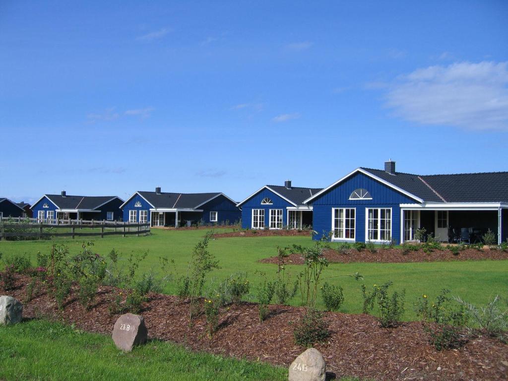 a row of houses in a yard with a green field at Reitcamp Börgerende GmbH & Co. KG in Börgerende-Rethwisch