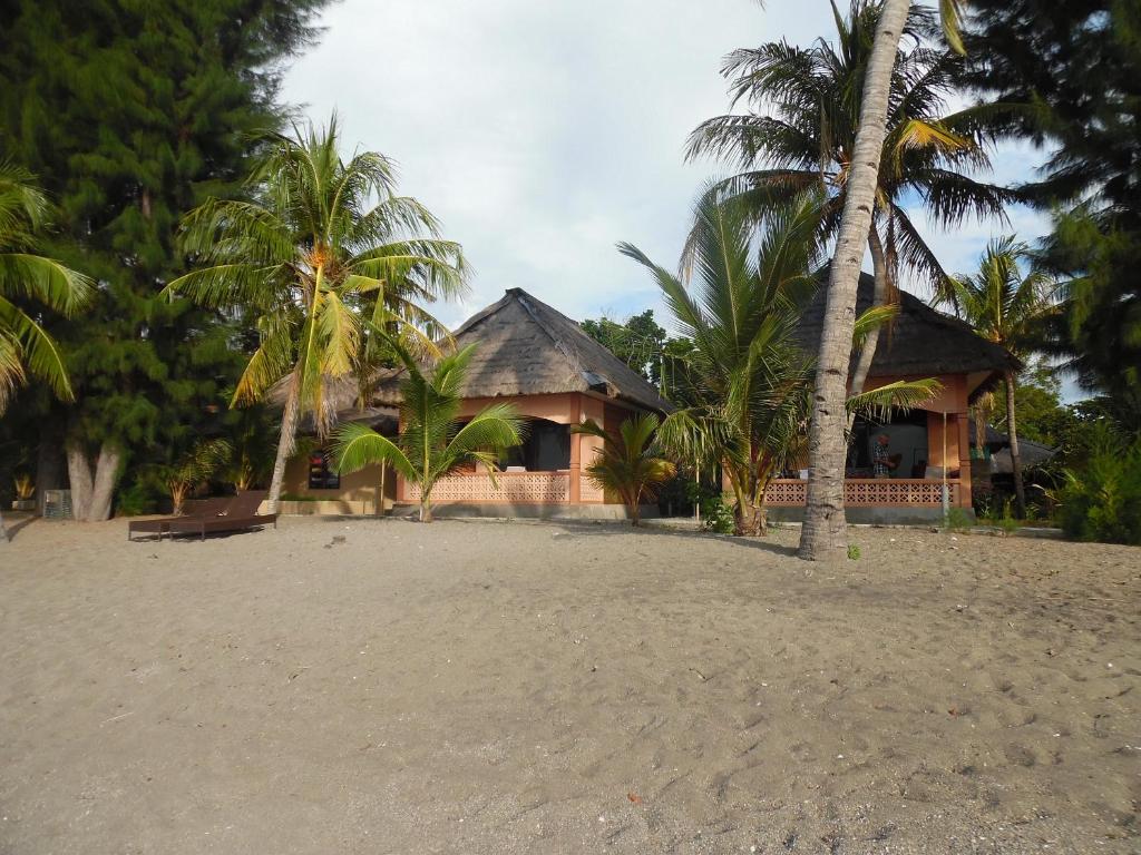 a house on a beach with palm trees at Sea World Club Beach Resort & Dive Center in Maumere