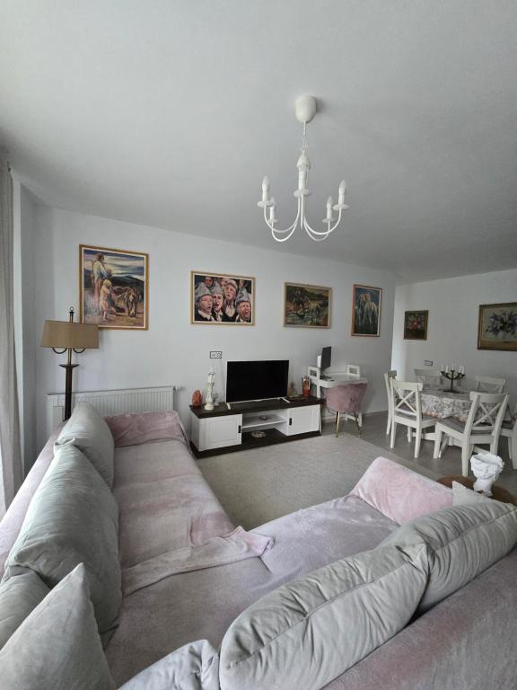 a living room with a couch and a tv at Condo in Cluj-Napoca in Cluj-Napoca