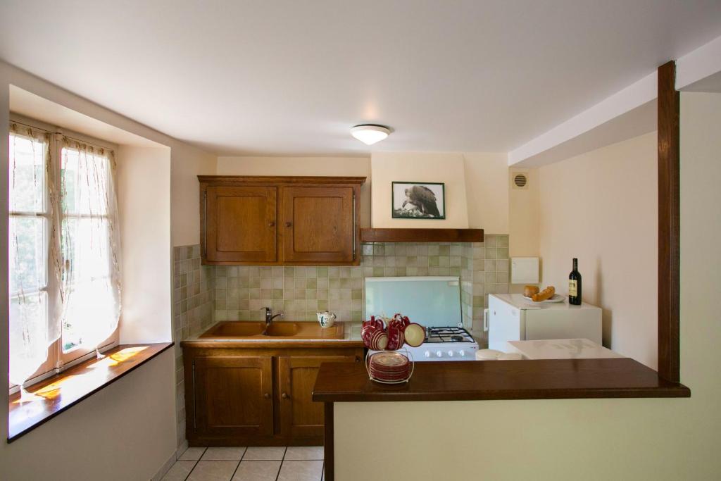 uma cozinha com uma bancada e um frigorífico em Maison Chantina em Sainte Engrace