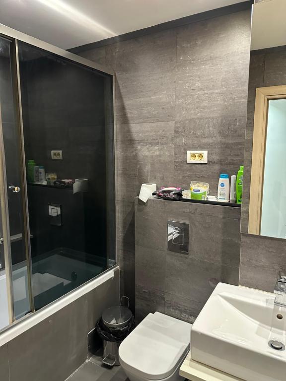 a bathroom with a shower and a toilet and a sink at Venus Luxury Apartment in Skopje