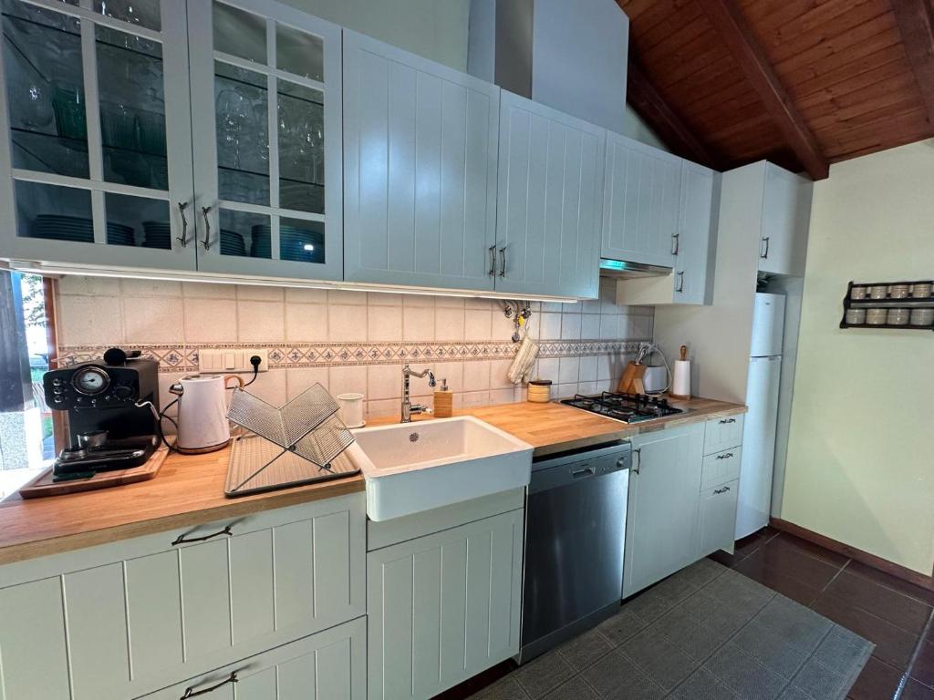 eine Küche mit weißen Schränken und einer Spüle in der Unterkunft Casa da Forja - Gerês in Gondoriz