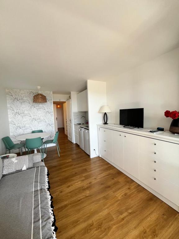 sala de estar con sofá y TV. en Cap Esterel - Charmant T2 climatisé vue mer 4/5 pers - Piscine - Parking, en Agay - Saint Raphael