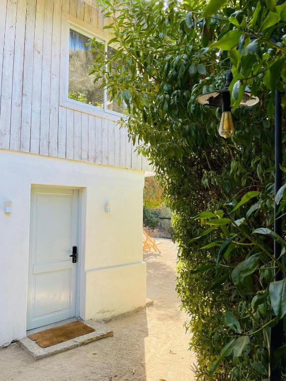 a white garage with a door next to a bush at Parque Laguna de Zapallar in Maitencillo