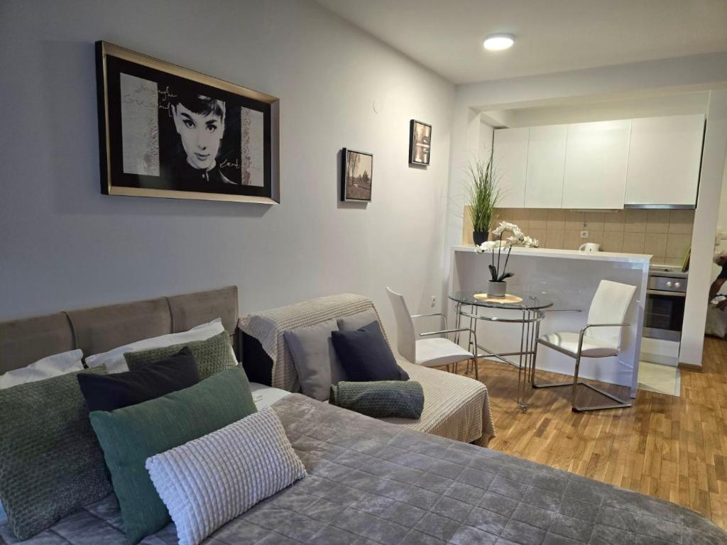 a living room with a couch and a kitchen at Slavia center apartment in Belgrade