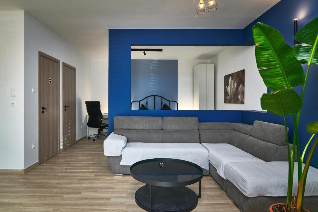 テッサロニキにあるf apartmentの青い壁のリビングルーム(ソファ付)