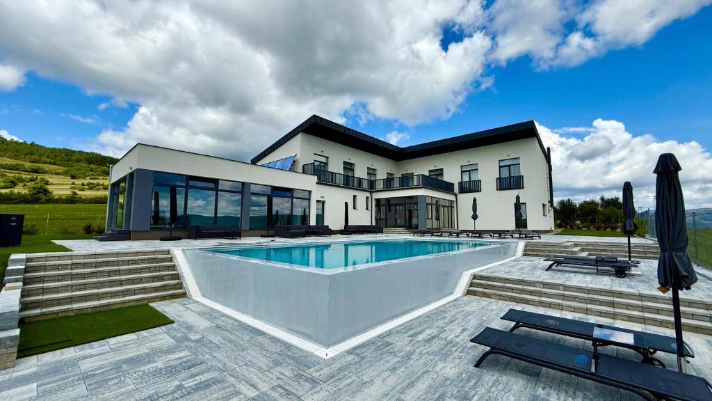 a house with a swimming pool in front of it at Villa Ambition in Zălan