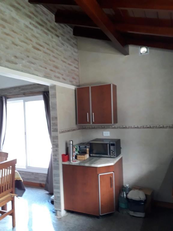 a kitchen with a counter and a microwave and a window at Casaquinta Los Tilos Chascomus para 6 personas in Chascomús