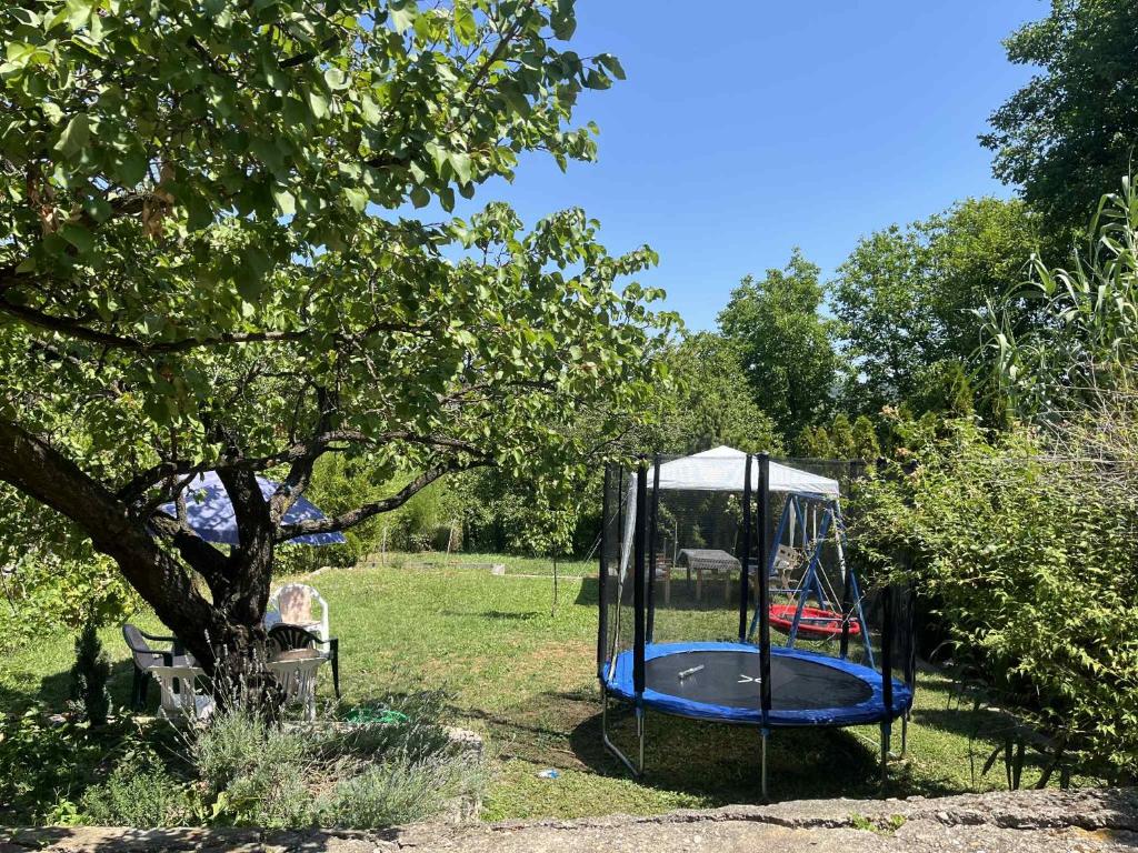 a swing set in a yard with a tree at Apartman Jelena in Soko Banja