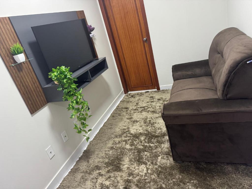 ein Wohnzimmer mit Couch und Flachbildfernseher in der Unterkunft Apartamento aconchegante in Baixo Guandu