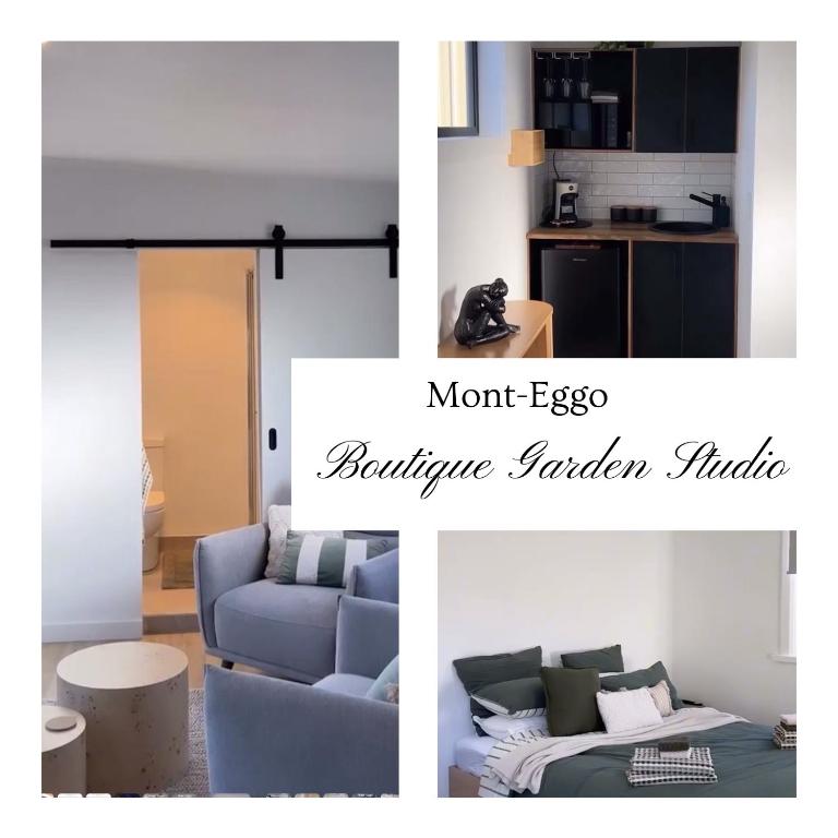a collage of photos of a living room with a blue couch at Mont-Eggo Boutique Garden Studio in New Town
