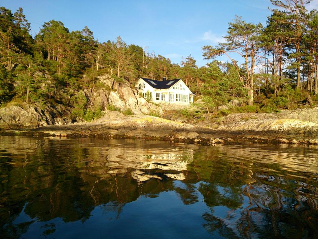 una casa en una colina junto a un cuerpo de agua en Ropeid Villa Fjordferie, en Ropeid