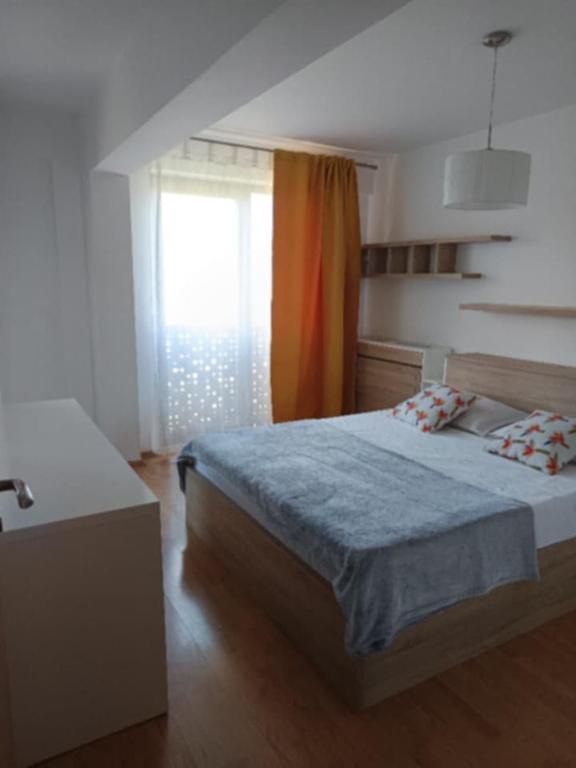 a bedroom with a large bed and a window at Oasis Apartment in Cluj-Napoca