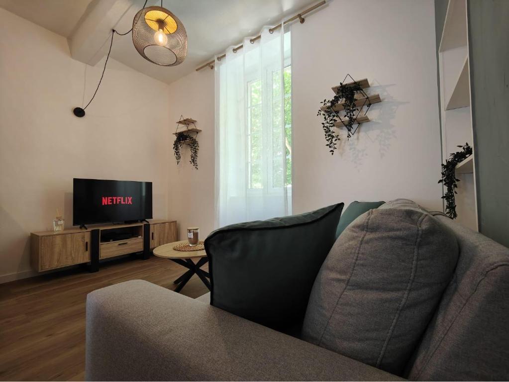 a living room with a couch and a tv at La suite-Appartement Cosy 300m du théâtre Antique in Orange