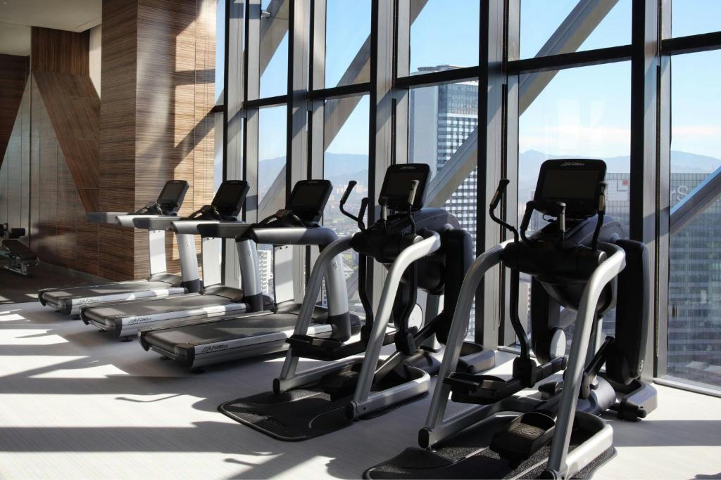 A window-lined fitness room with treadmills and elliptical machines.