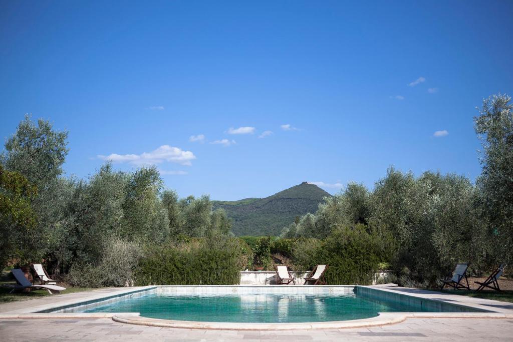 a swimming pool with chairs and a mountain in the background at Agriturismo Tra gli Ulivi, Chiappini in Bolgheri