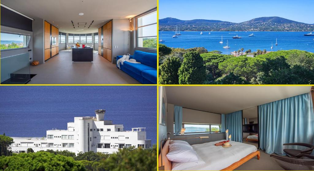 four images of a hotel room with a view of a building at La Rotonda - Incredible Méditerranéen and St Tropez view 360! Centre ville 5 mns in Saint-Tropez
