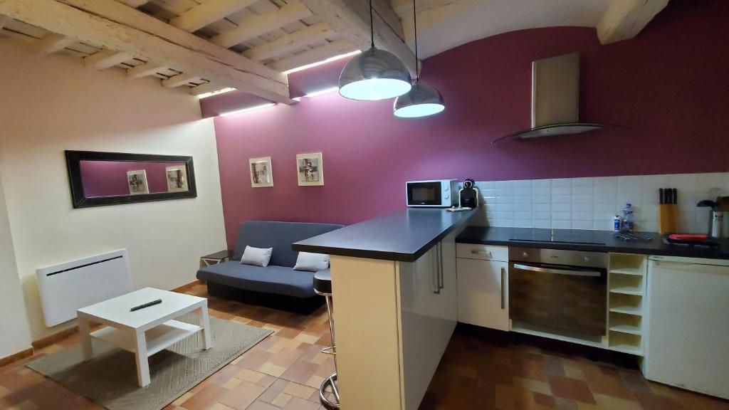une cuisine avec un comptoir et un salon dans l'établissement REPUBLIQUE Centre, à Carcassonne