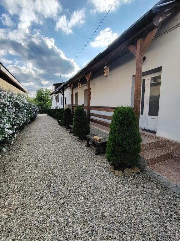 a house with a gravel driveway next to a building at casa hermosa in Turda