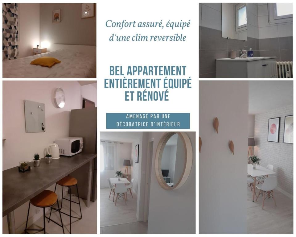 un collage de photos d'une cuisine et d'une chambre dans l'établissement Un appartement lumineux avec vue exceptionnelle avec 3 chambres, à Bourg-lès-Valence