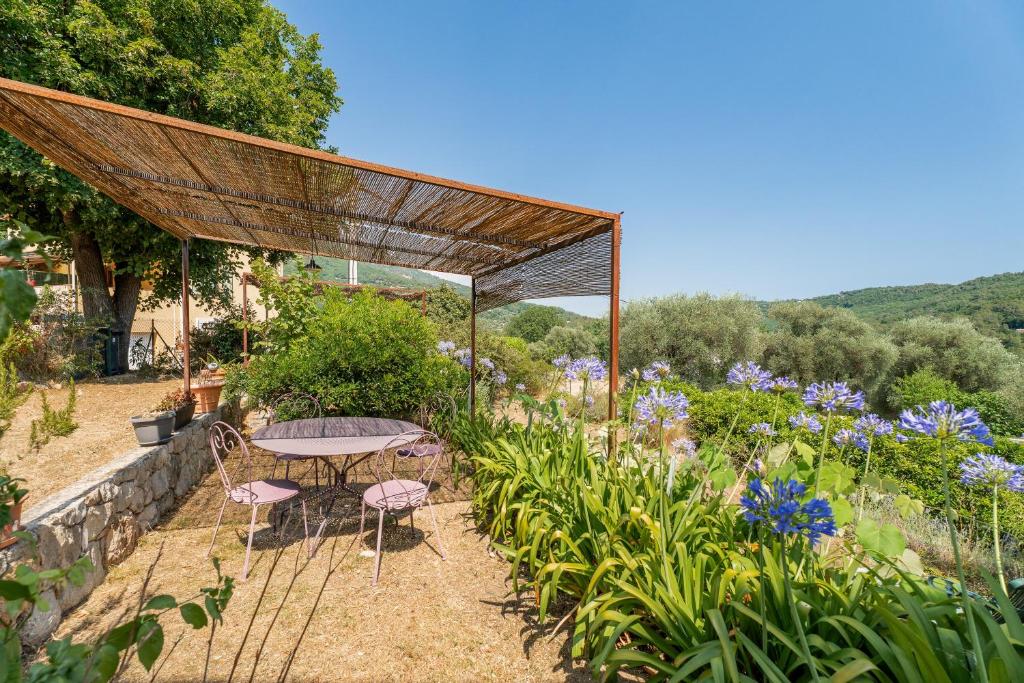 une table et des chaises sous un auvent dans un jardin dans l'établissement La Maison de Noélie - RDJ, à Le Bar-sur-Loup