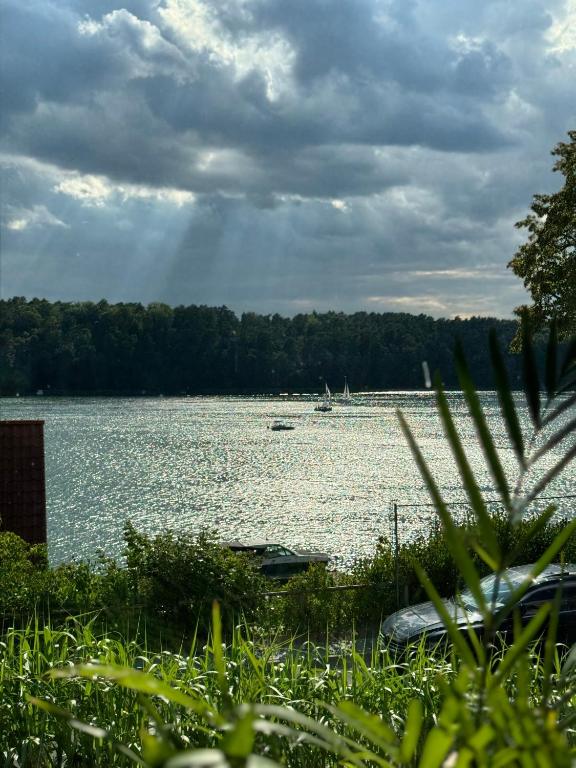 a view of a lake with a boat in the water at Forest & Lake Mikołajki in Mikołajki