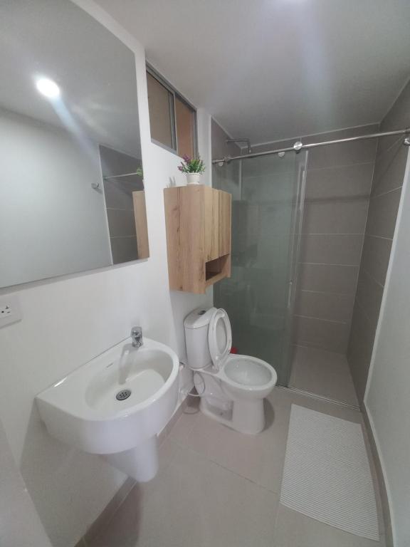 ein Badezimmer mit Toilette, Waschbecken und Dusche in der Unterkunft Apartamento en santa marta con picsina vía tayrona y palomino in Santa Marta