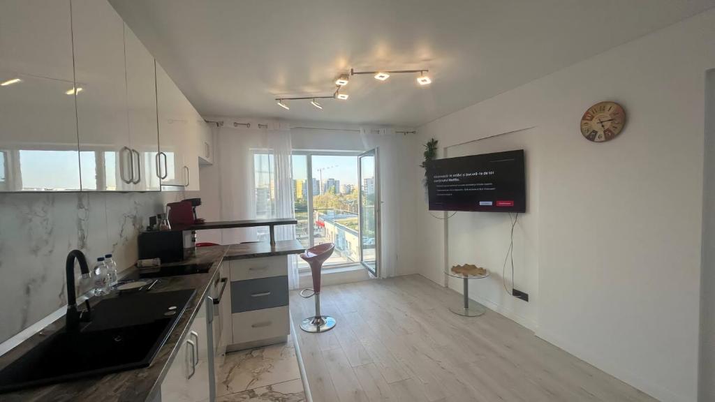 cocina con fregadero y ventana grande en Marius Apartment, en Bucarest