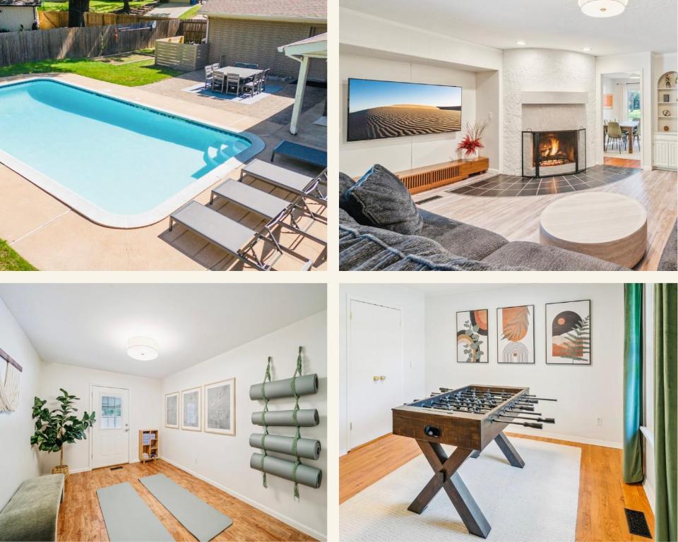 a collage of photos of a house with a swimming pool at Heart of Tulsa, pool, game room, Sleeps 8 in Tulsa