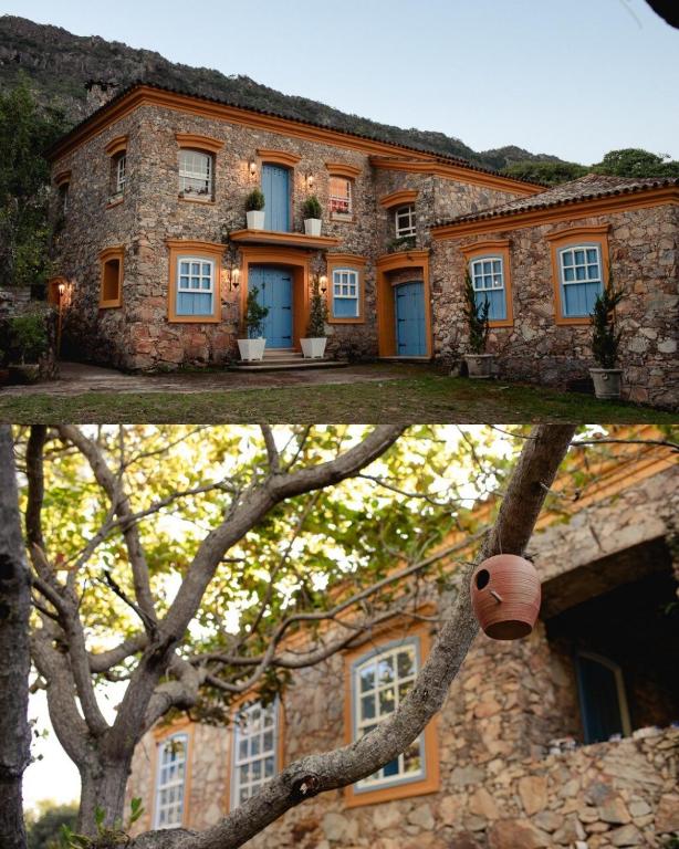 two pictures of a stone house and a tree at Chateau Tiradentes in Tiradentes
