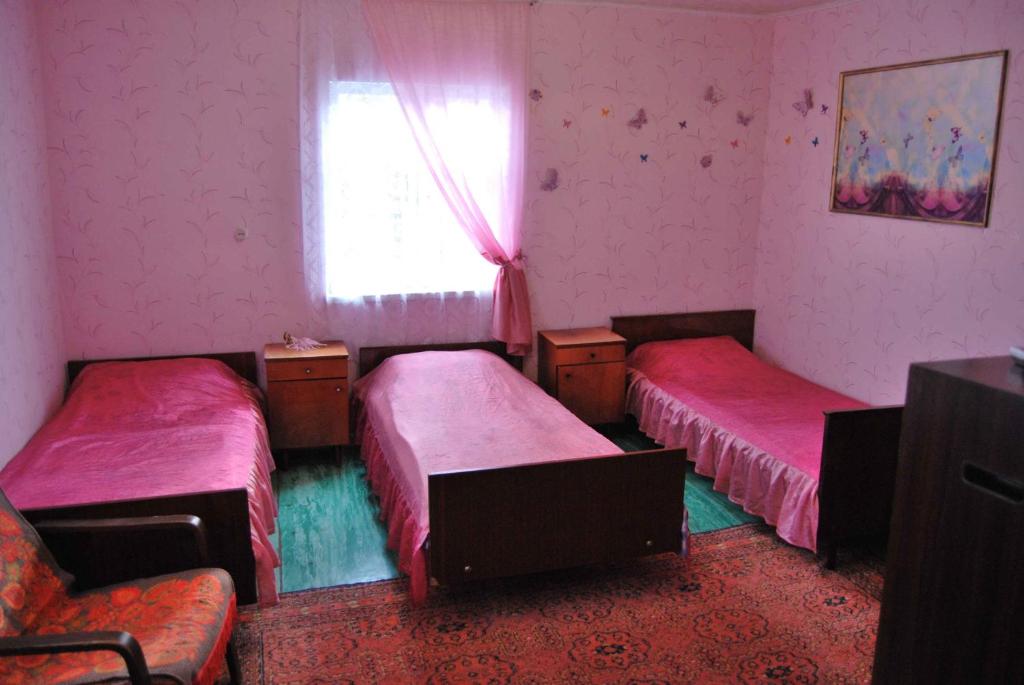 Alakhadzi的住宿－Slavyansky Dom Guest House，客房设有两张床和窗户。