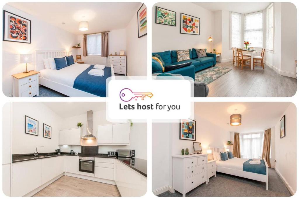 a collage of photos of a bedroom and a living room at Ground Floor Garden Apartment Walpole Bay Margate in Margate