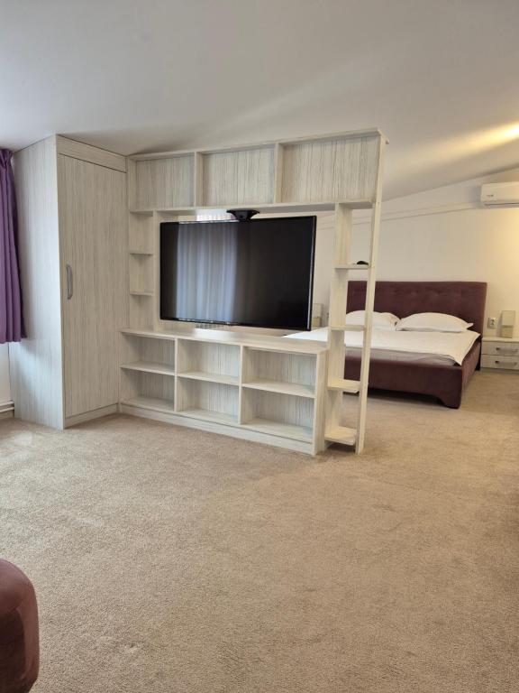 a bedroom with a bunk bed and a flat screen tv at Apartament Magnolia Nearby City Center With Parking in Sibiu