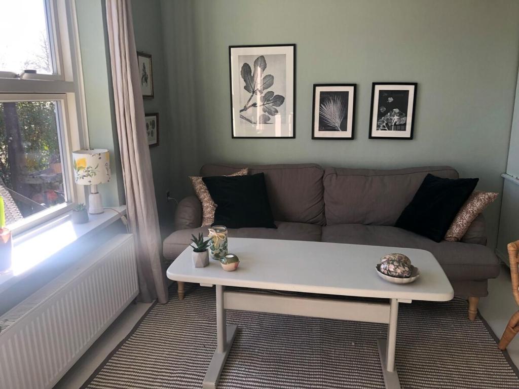 a living room with a couch and a table at Stylish 3- bedroom Home with Garden & Terrace- Sleeps up to 6 guests in Samsø