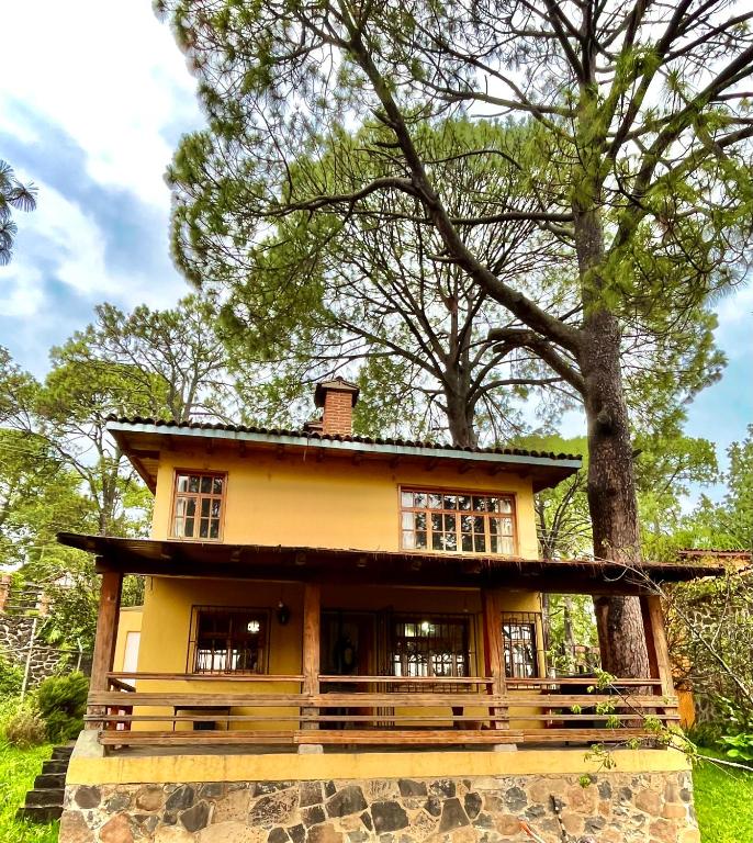 a yellow house with a tree in front of it at Casa del Bosque in Mazamitla