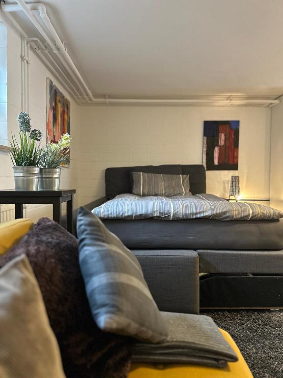 a living room with a couch and a bed at Ruhige 1 Zimmerwohnung Souterrain in Bortfeld