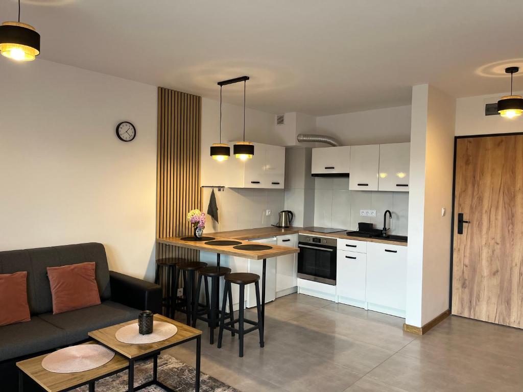 a kitchen and living room with a couch and a table at Wczasy Chmielno Apartament PUDROWY in Chmielno